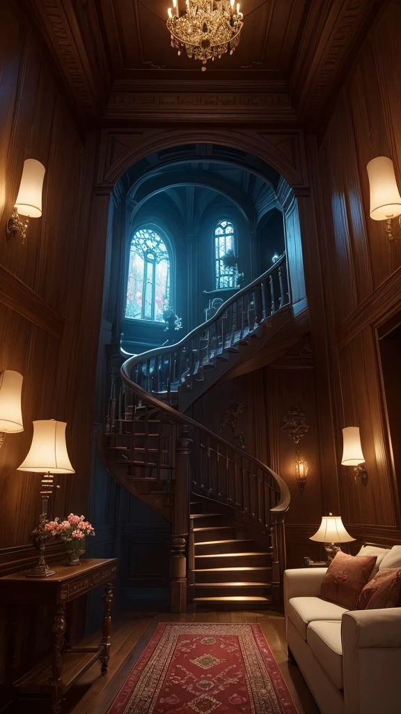 (masterpiece,Highest quality:8K) Close-up of a living room with a spiral staircase, Magical Environment, Quiet wooden mansion, 8k highly detailed ❤️🔥 🔥 💀 🤖 🚀, Cozy place, Magical realism style, Dreamy details, Beautiful house on a forest path, Magical colors and atmosphere, Inside her surreal VR castle, Perfectly designed and optimized, Magical colors and atmosphere