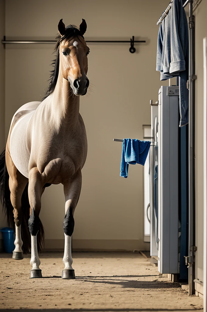 Horse standing on 2 legs, washing clothes