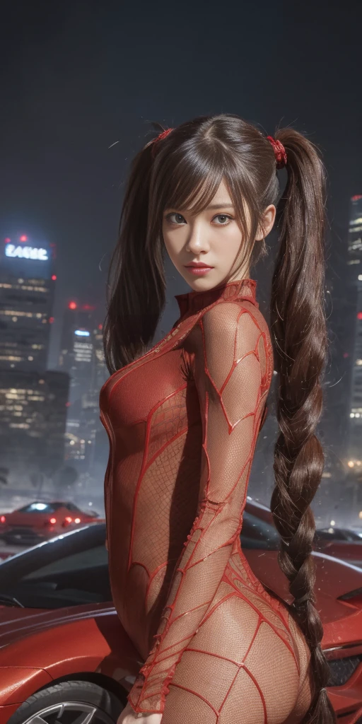 (masterpiece, best quality), intricate details, 8k, artstation, wallpaper, official art, splash art, sharp focus,, 1girl, long hair, twin tails, red eyes, brown hair, , spider suit, spider web printing, spider web, , skyscrapers, city, buildings, cars, street,