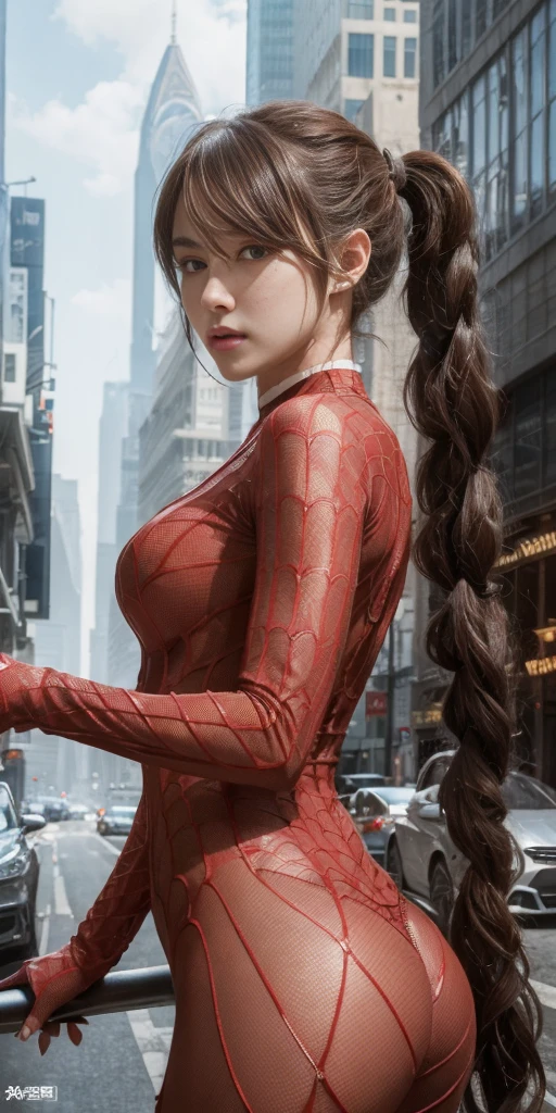 (masterpiece, best quality), intricate details, 8k, artstation, wallpaper, official art, splash art, sharp focus,, 1girl, long hair, twin tails, red eyes, brown hair, ,  spider suit, spider web printing, spider web,  , skyscrapers, city, buildings, cars, street,