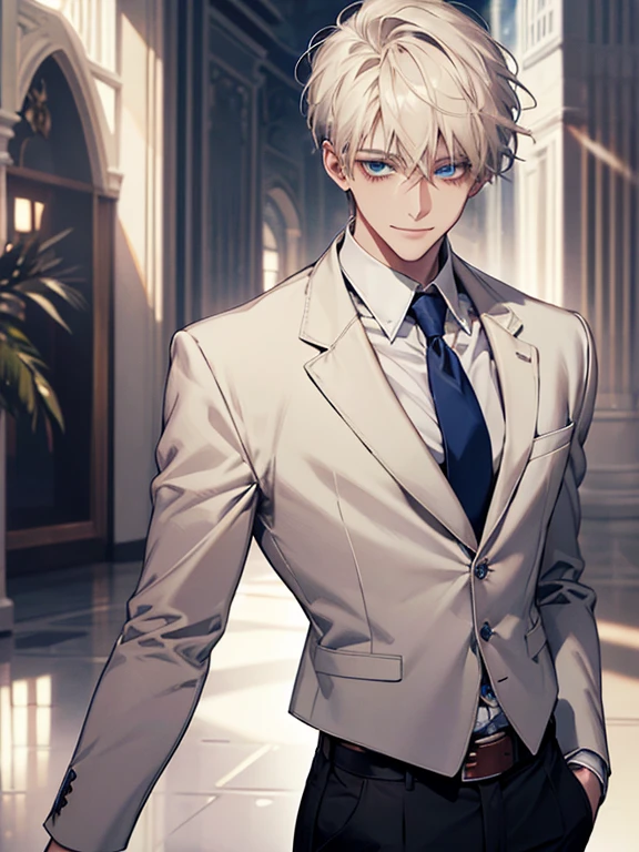 (Masterpiece, highres, best quality, finely detailed), male, smile expression facade, platinum blonde hair, short hair, White blazer, white shirt, blue tie, ivory vest cardigan, belt, black pants, blue eyes, student, super detail, accurate.