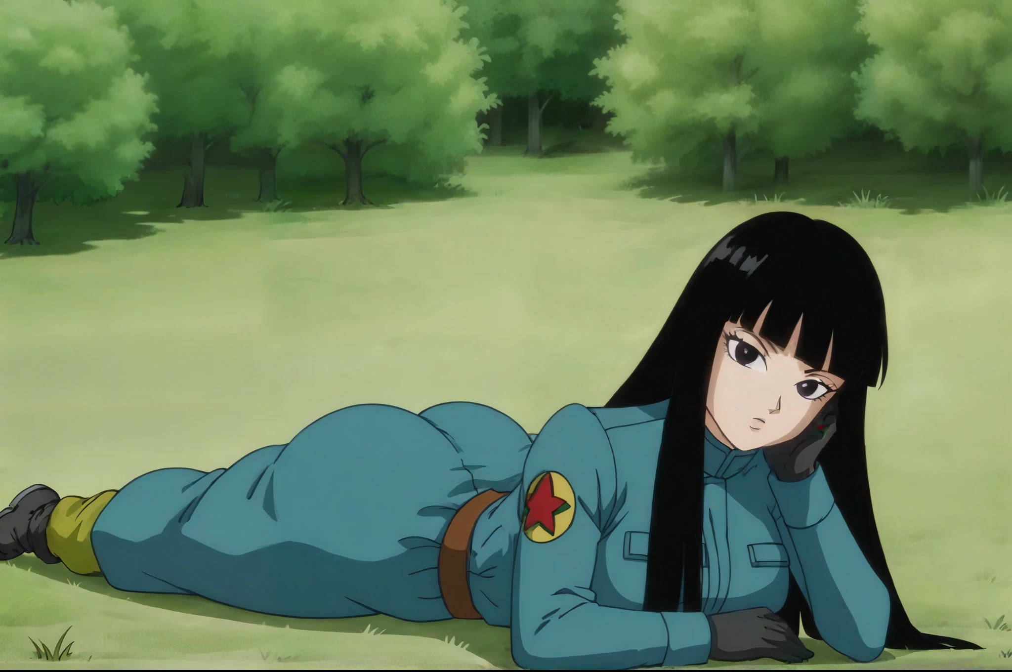 source_anime, score_9,score_8_up, score_7_up,  anime screencap,
solo, 1girl, big butt, big breasts, thick thighs, wide hips, huge booty, pants halfway down showing big butt,
mai, long hair, black hair, black eyes, coat, military, military uniform, pouch, black gloves, uniform, yellow pants,  aiming at viewer, lying on stomach, forest, tree, grass, gun focus,