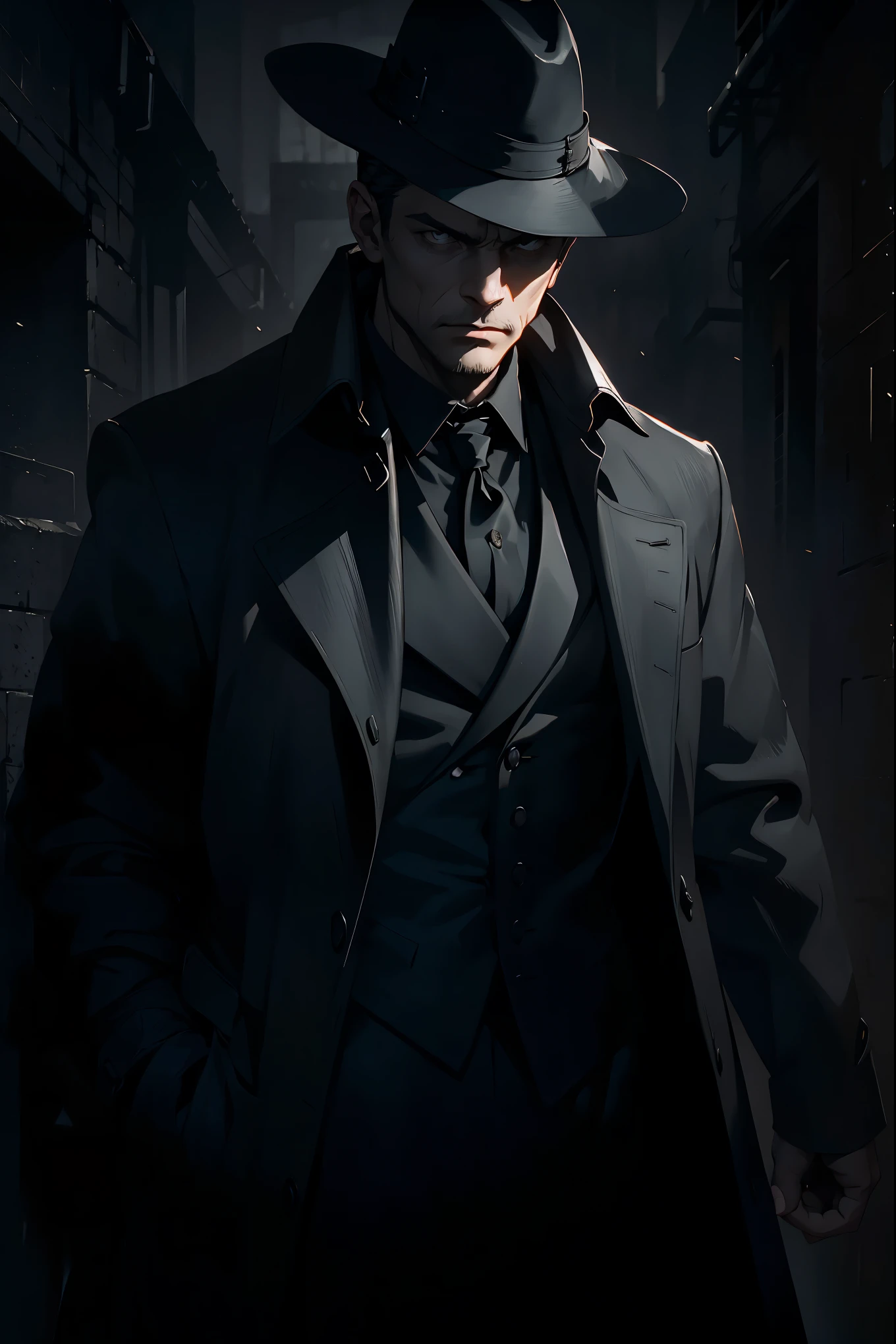 a man in a black trenchcoat,minimalist illustration,ink wash painting,impressionist art,highly detailed,intricate,cinematic lighting,dramatic shadows,moody atmosphere,muted color palette,chiaroscuro,elegant,sophisticated,stylish,powerful,brooding,atmospheric,evocative