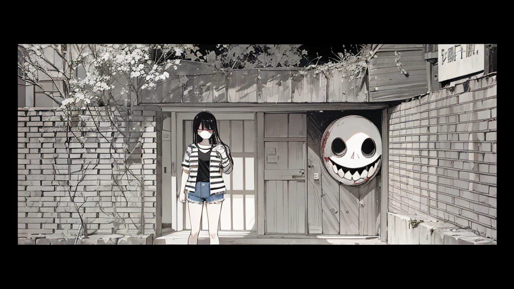 A cartoon of a mysterious masked man standing in front of a brick wall inspired by Junji Ito., A woman with long, side-parted hair wearing a plaid shirt and sexy denim shorts stands in the background., Tumblr, sequential art, Oyasumi Panpan, Yume Nikki, Punpunna Onodera, black and white manga panel, Horror manga, Junji Man Undertones, Video game cutscenes, Black Animation, It's Junji's style., black and white manga