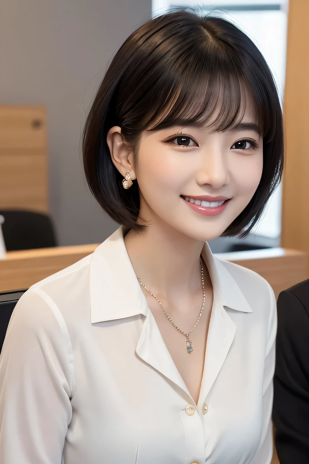 Beautiful young woman、 Black Hair、Necklace around the neck、Office Lady Suits、Jacket、Unbuttoned shirt、smile、Beautiful teeth alignment、short hair、Intricate details, Very detailed:1.2), 、 Looking into the camera,The background is the office、Necklace around the neck、Dark eyeliner、ear piercing