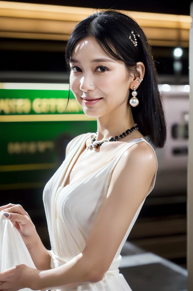 (((An American-shot photo, looking at viewer))),(((( Seductive pose, 7 heads、Staring Intently :1.8)))),(((A pure white, extremely thin fabric business short-sleeved open-neck shirt with a wide V-neck, Soaking wet、She is looking straight at the camera with a very shy look on her face.。light makeup、A short, well-groomed, shiny black haircut。A very simple and very modest pearl necklace and a small single pearl earring.:1.4)))。((Highest quality)), ((masterpiece)), (((detailed,32k))), (midnight ,A modern train station platform in Tokyo on a dark, pouring, stormy night, Low Key Lighting:1.6)、(((A very beautiful, extremely elegant and intelligent 39-year-old Japanese woman。Very intelligent, with a goddess-like face and figure。An extremely elegant, calm and modest smile, Being drunk、My eyes are quite watery、I&#39;m very horny、embarrassed ,blush, Curvy Body、Extremely realistic, detailed and beautiful depiction of the face and waist:1.9)))、(((The skin is white and very smooth。A very hot rainy summer night、I&#39;m pretty sweaty、My clothes were soaked and pretty see-through.、When wet, it sticks tightly to the skin, revealing the beautiful lines of the body.、Through the extremely thin fabric, her skin and her navy blue, lacy, high-end underwear are clearly visible.:1.9)))。(((A simple and elegant business pencil skirt in a plain navy blue knee-length,The clothes fit the body very well:1.8))), ((Healthy Body、The line of the chest, collarbone and décolletage are extremely beautiful.:1.9))。(((large&good hips、large&nice chests )))