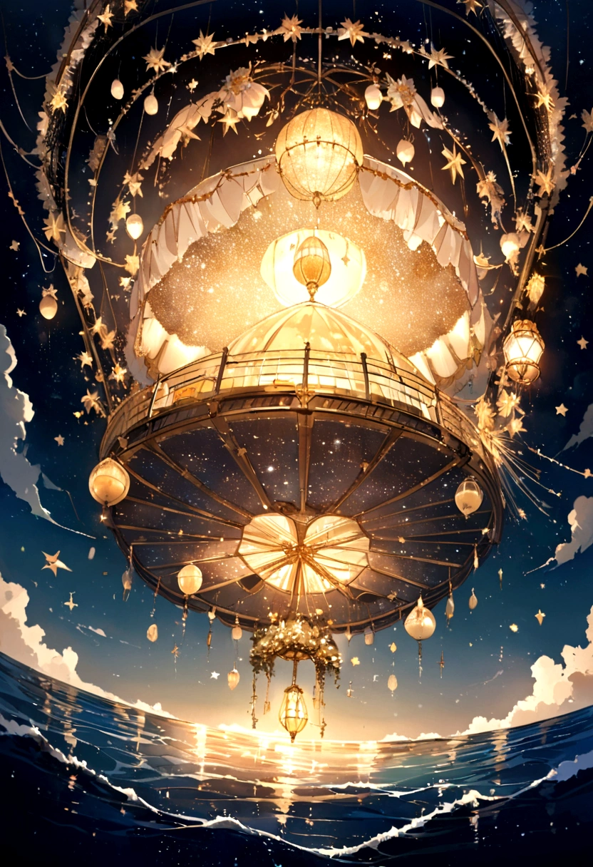 A luxury hotel floating on a sea full of stars. The hotel is over the ocean. And above the sea float many stars.