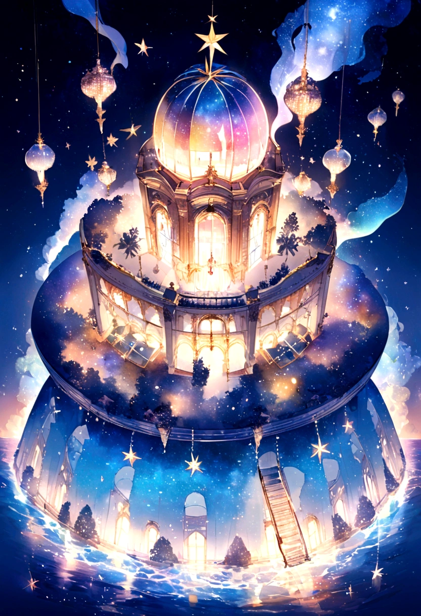 A luxury hotel floating on a sea full of stars. The hotel is over the ocean. And above the sea float many stars.