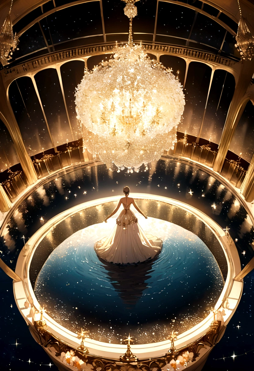 A luxury hotel floating on a sea full of stars. The hotel is over the ocean. And above the sea float many stars.
