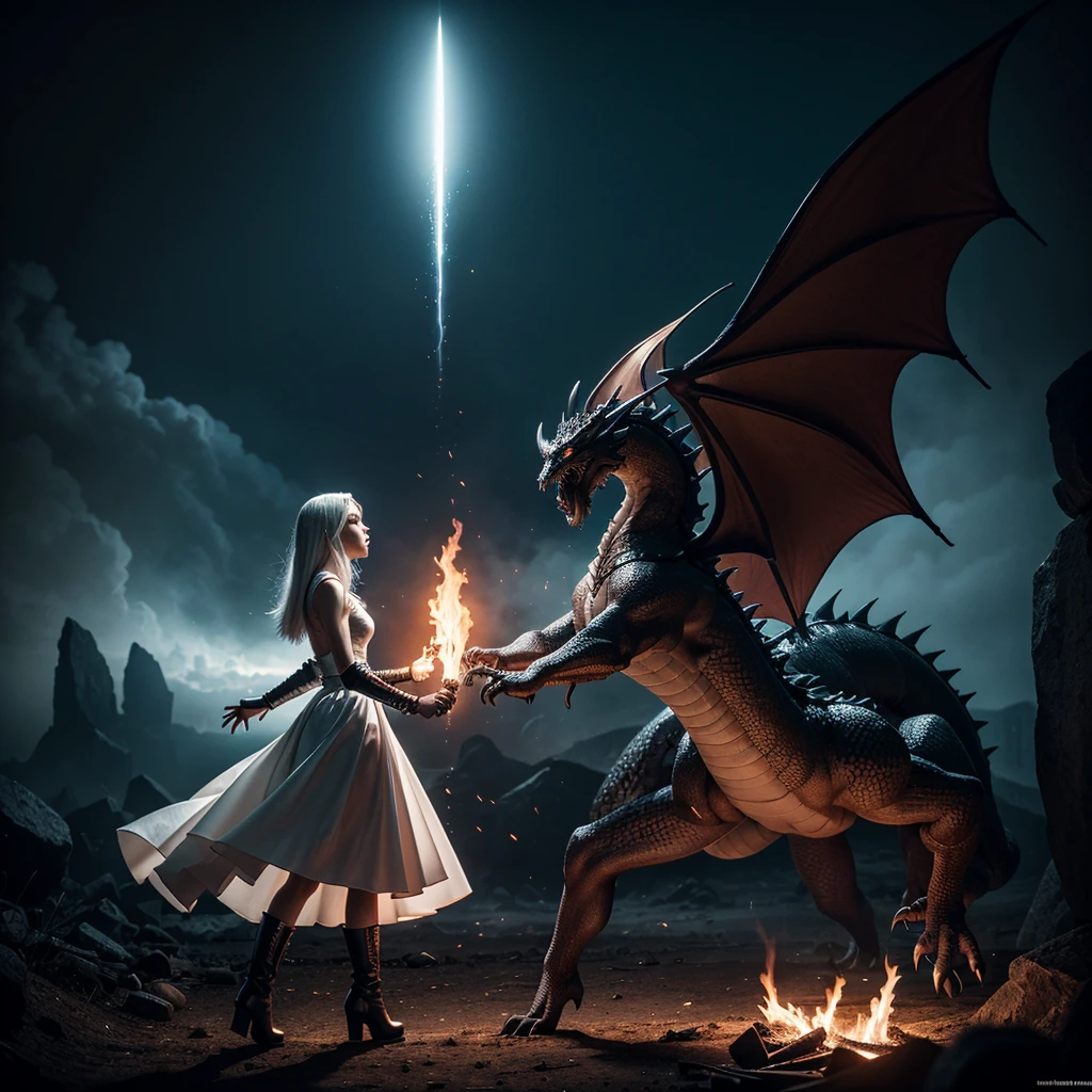 A stunning illustration of a beautiful warrior with white hair and generous curves. She wears an elegant white suit with a full skirt and a heavenly cape with sparkles.. His silver sword glows in the dark and he wears white leather boots. In the background, a cinematographic setting, abundant darkness and fire dominates the image. Two huge dragons face each other, creating a dynamic action scene. The 8K resolution and cinematic direction make this poster a true tribute to a Hollywood action film in the dark fantasy genre., dark fantasy, cinematic, poster, photo