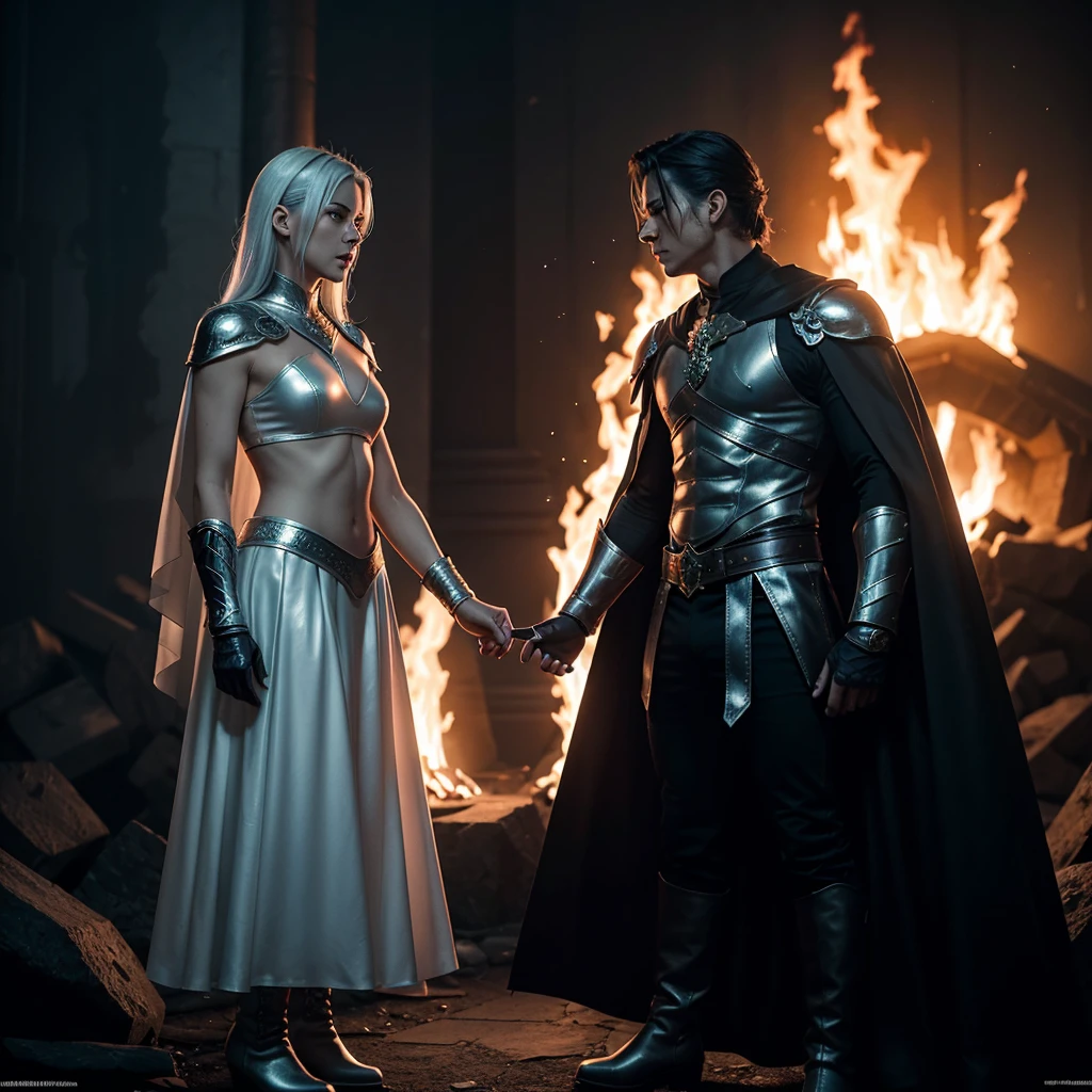 A stunning illustration of a beautiful warrior with white hair and generous curves. She wears an elegant white suit with a full skirt and a heavenly cape with sparkles.. His silver sword glows in the dark and he wears white leather boots. In the background, a cinematographic setting, abundant darkness and fire dominates the image. Two huge dragons face each other, creating a dynamic action scene. The 8K resolution and cinematic direction make this poster a true tribute to a Hollywood action film in the dark fantasy genre., dark fantasy, cinematic, poster, photo