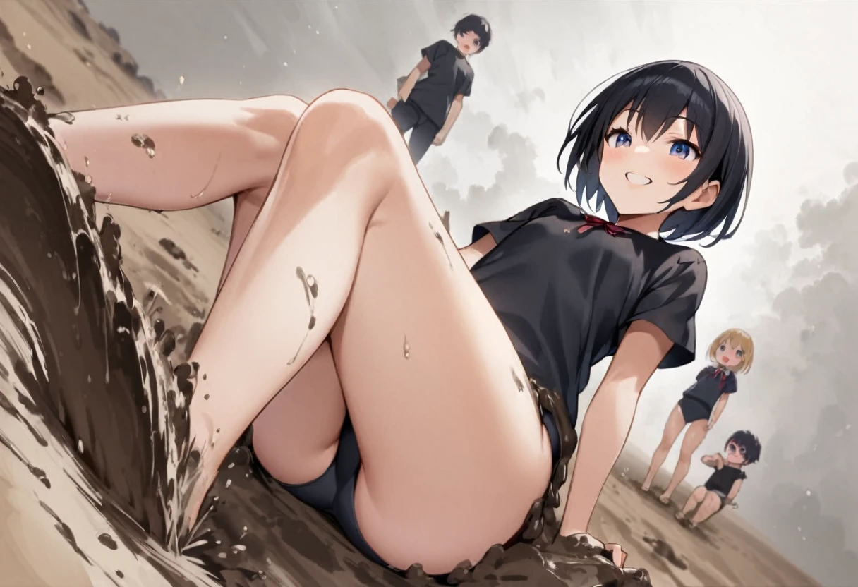 tideland、shoot from below、Black T-shirt、Black Swimsuit、The buttocks are digging in、Short black hair、Thighs、Girl、Girl、Short、Younger、Lower school year、Baby Face、Both eyes open、flat chest、smile、Dynamic Angle、Beach、My feet are covered in mud、There's mud on my face、sunlight、masterpiece、best quality、ultra-detail