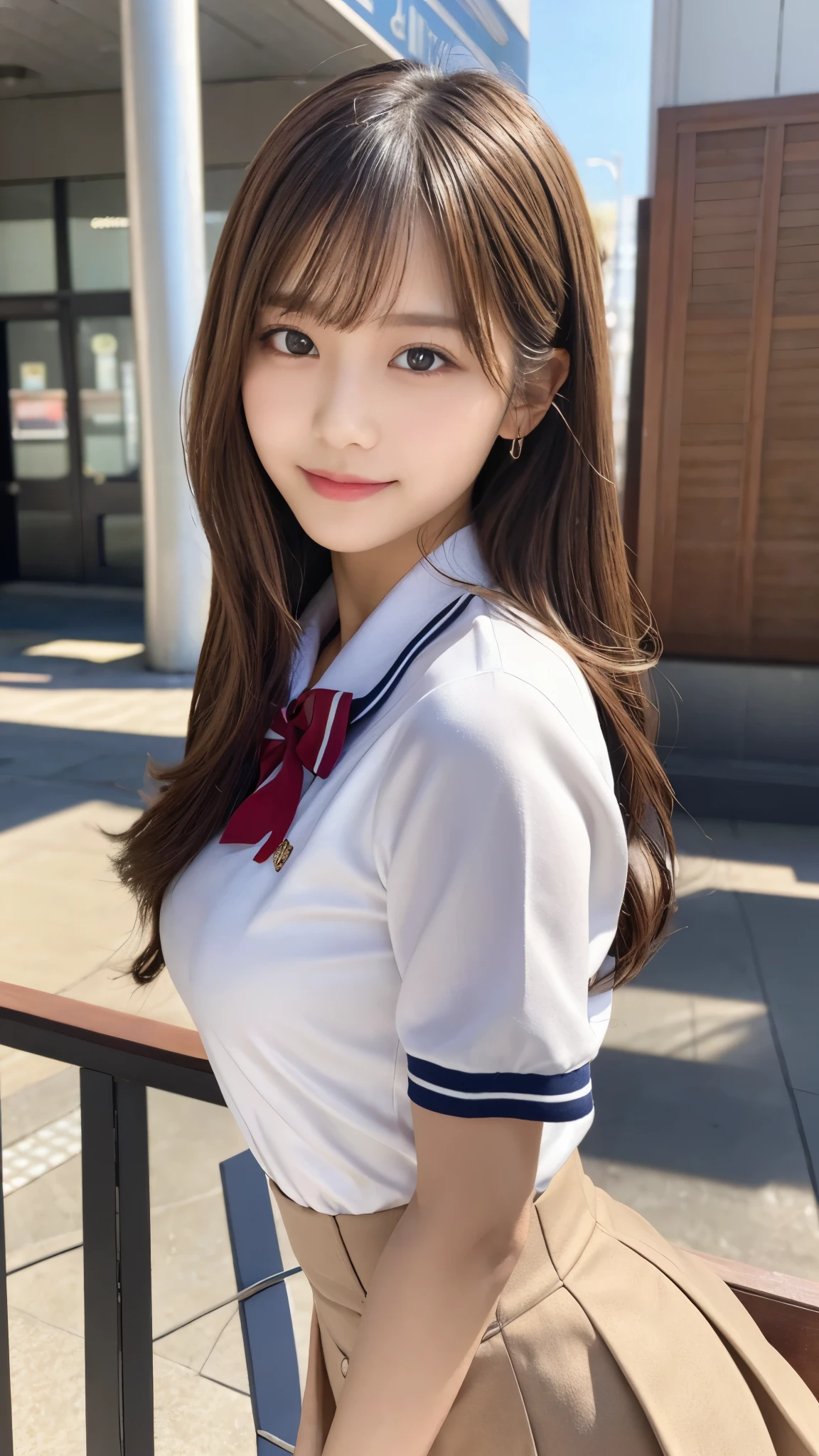 女優、de pele branca、Nogizaka46、Golden Ratio Face、hightquality、Cute、realisitic、Transparency、8K、Colossal tits、Lustrous hair、Fine details、real looking skin、Sheer sunlight、shinny hair、Face like an idol、a junior high school student、Japan school uniform、A smile、a beauty girl、Blowing in the wind、Sit up、Thighs are visible