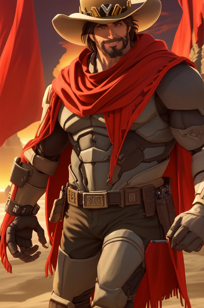 mccree, western setting, cowboy hat, red poncho, muscular, hunk, mechanical body, cybernetic right arm, cape, setting sun in background, smile,  confident pose, cigar in mouth,  best quality