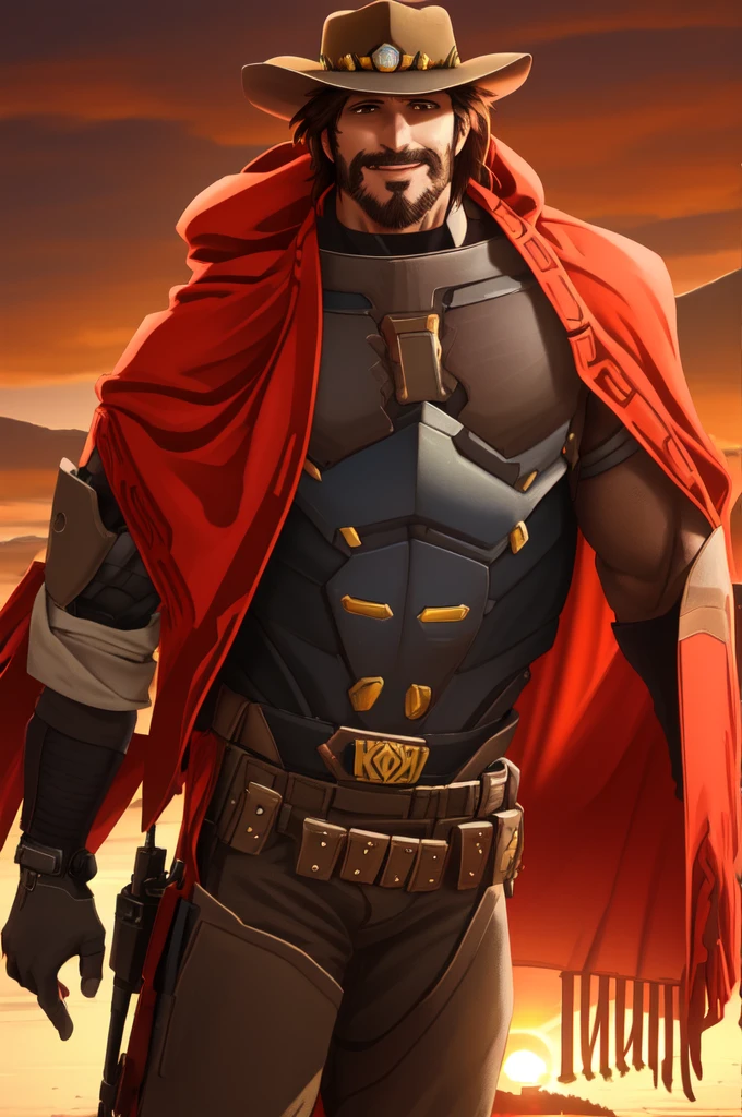 mccree, western setting, cowboy hat, red poncho, muscular, hunk, mechanical body, cybernetic right arm, cape, setting sun in background, smile,  confident pose, cigar in mouth,  best quality