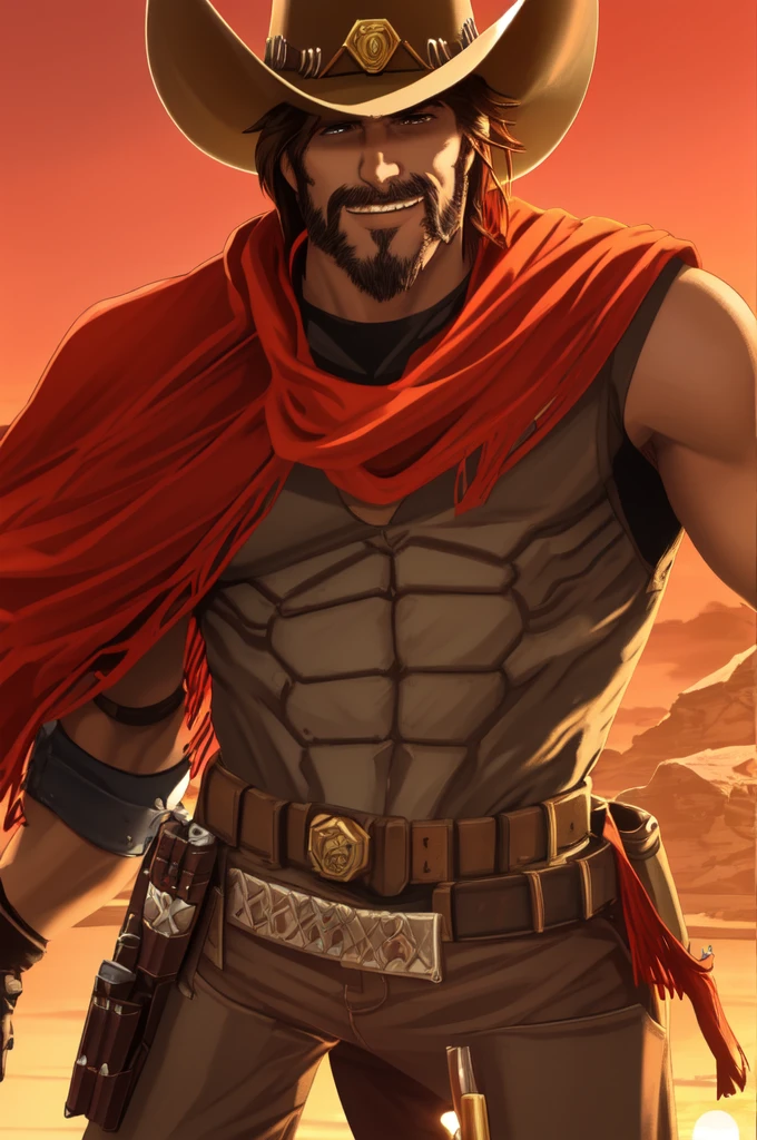 mccree, western setting, cowboy hat, red poncho, muscular, hunk, mechanical body, cybernetic right arm, cape, setting sun in background, smile,  confident pose, cigar in mouth,  best quality