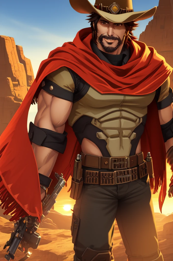 mccree, western setting, cowboy hat, red poncho, muscular, hunk, mechanical body, cybernetic right arm, cape, setting sun in background, smile,  confident pose, cigar in mouth,  best quality