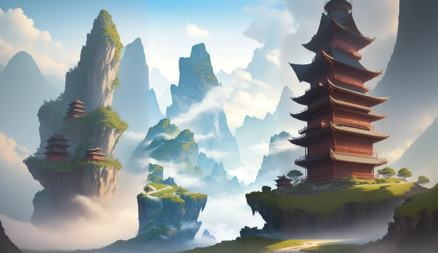 painting of a mountain landscape with a pagoda and a lake, detailed scenery , anime landscape, chinese landscape, floating mountains, avatar landscape, background artwork, anime landscape wallpaper, chinese fantasy, misty mountains, scenery artwork, anime background art, ross tran. scenic background, chinese watercolor style, mist, anime nature, anime scenery, fantasy art landscape