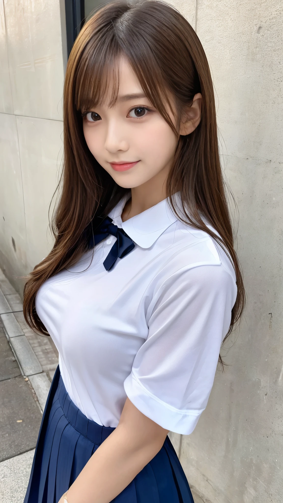 (Detailed skin:1.2),(Shiny skin:1.1),8K,Highest quality, masterpiece, Ultra-high resolution,(Realistic:1.4), RAW Photos,(Soft saturation:1.3),(Fair skin:1.2),Japanese Idols,repair,20 years, Light brown hair, (Shore Surf:1.2)、(Long Hairstyles:1.2), Asymmetrical Hair, Asymmetrical bangs (Pretty face:1.4), (Large Breasts, Tight waist), Beautiful lighting, Small Head, (Student Uniform:1.2,),Highly detailed face, Highly detailed lips, fine grain, double eyelid,(Full Body Shot), Browsing Caution, (Sharp focus: 1.2), (Perfect Anatomy、Beautiful woman with perfect figure: 1.2)、Random sexy poses,Accentuate your leg lines、Smiling