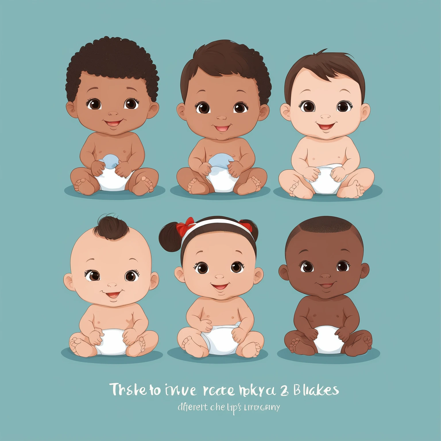 6 baby 2 years, different races, Caucasian, African, Chinese, Mexican, active, eyes up, smiling, white background