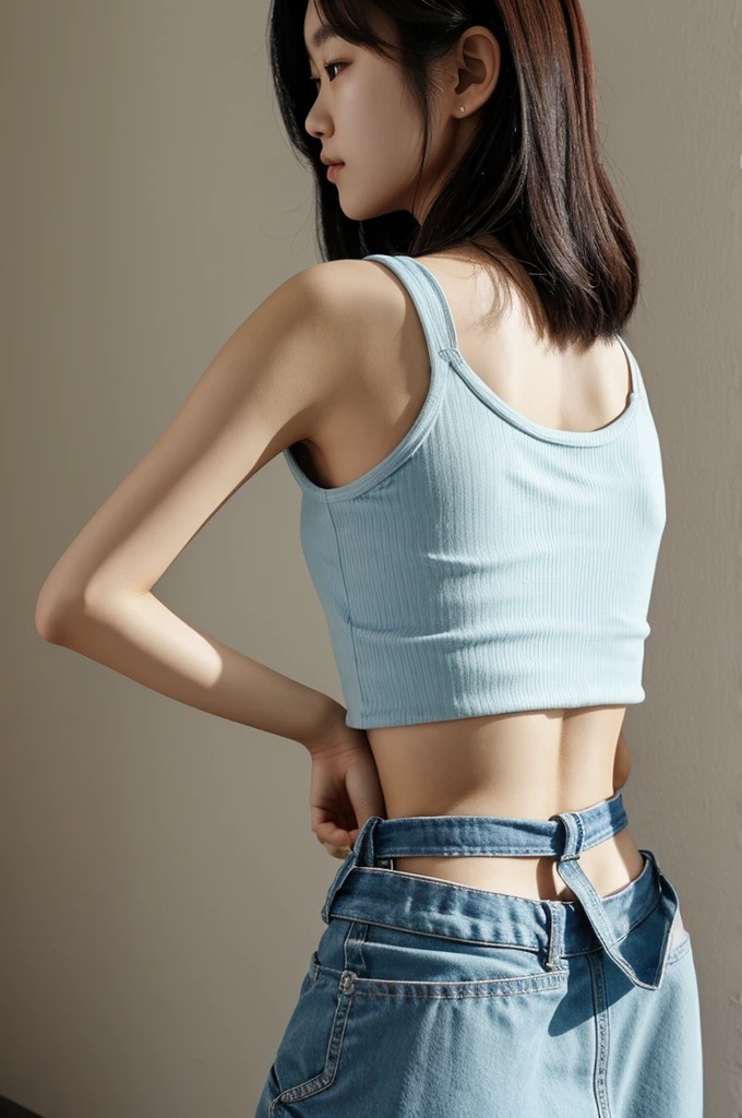 Korean girl wearing a croptop and has a guitar in her back. The girl is looking in her right side and it is in side view. It must be a half body, from her head to her waist.