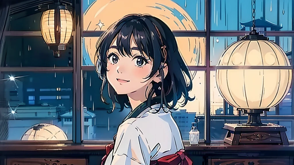 masterpiece, Highest quality, smile　Dress shirt　Create a scene of a 25-year-old woman looking out the window, Listening to music on headphones, In a quiet and relaxing environment, Short black hair, View from behind, Gazing at the horizon, At night, and through the window you can see fireflies and a beautiful landscape full of stars At night, Characters with lots of detail on their faces, hands and hair,Illustration Style、Showa anime、ukiyo-e、((girl))、Tokyo、Soft Touch、((Modern))、winter、High resolution, samba, latina,Rainy night,Tokyo
