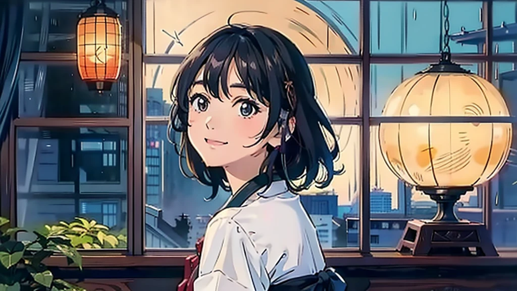 masterpiece, Highest quality, smile Dress shirt Create a scene of a 25-year-old woman looking out the window, Listening to music on headphones, In a quiet and relaxing environment, Short black hair, View from behind, Gazing at the horizon, At night, and through the window you can see fireflies and a beautiful landscape full of stars At night, Characters with lots of detail on their faces, hands and hair,Illustration Style、Showa anime、ukiyo-e、((girl))、Tokyo、Soft Touch、((Modern))、winter、High resolution, samba, latina,Rainy night,Tokyo