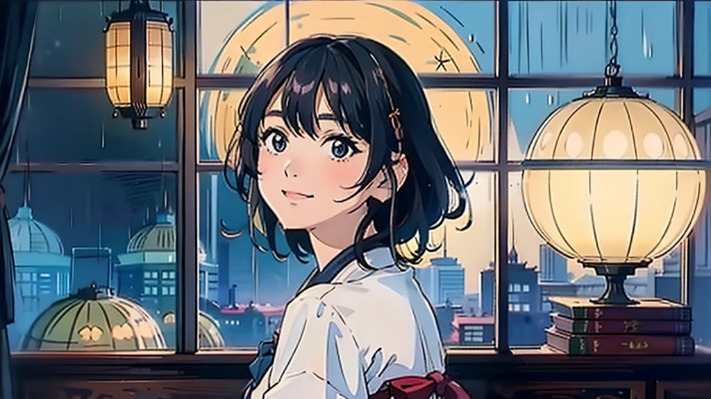 masterpiece, Highest quality, smile Dress shirt Create a scene of a 25-year-old woman looking out the window, Listening to music on headphones, In a quiet and relaxing environment, Short black hair, View from behind, Gazing at the horizon, At night, and through the window you can see fireflies and a beautiful landscape full of stars At night, Characters with lots of detail on their faces, hands and hair,Illustration Style、Showa anime、ukiyo-e、((girl))、Tokyo、Soft Touch、((Modern))、winter、High resolution, samba, latina,Rainy night,Tokyo