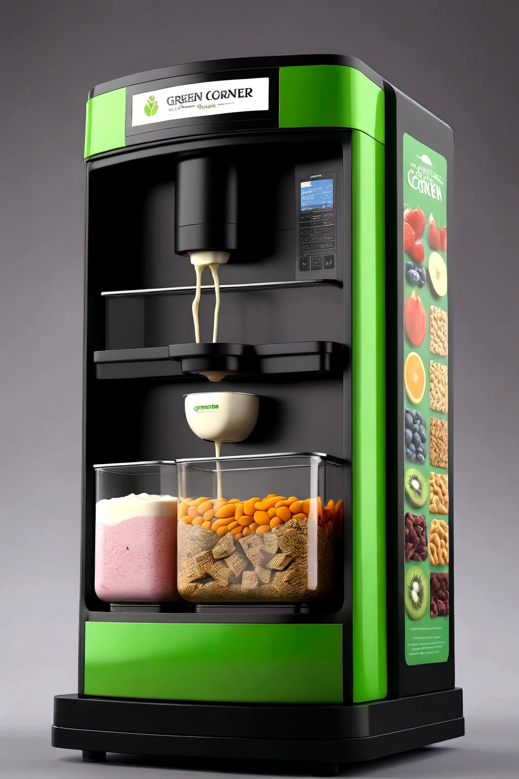 Make a big black machine with writing "green corner", This machine has to have yogurt, natural juice, healthy snacks, Cereal bars. It has to be complete, big and in 3d