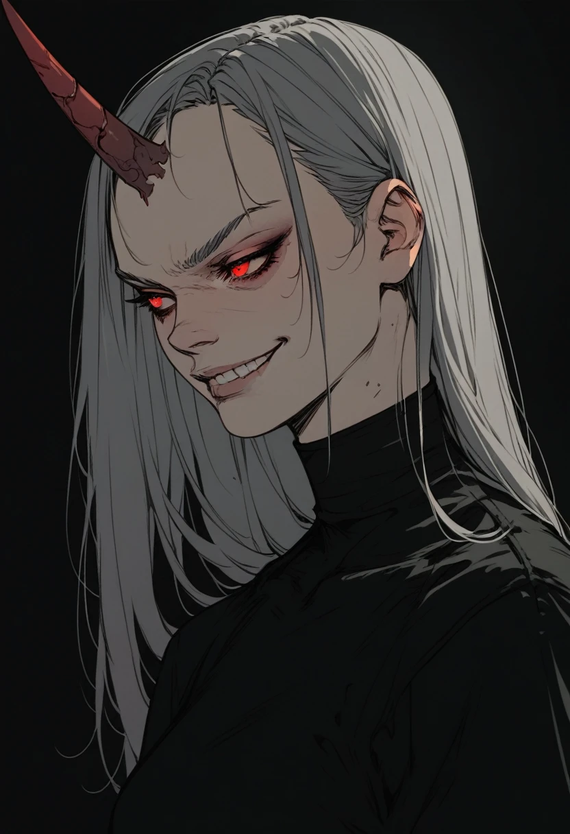 (score_9, score_8_up), score_7_up, zPDXL, eri, long hair, red eyes, grey hair, horns, , single horn, female , upper body, smirk, looking away, black shirt, dark background, sinozick style, flat color