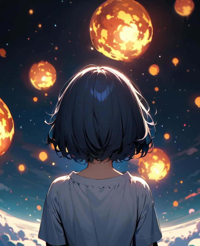 (best quality, masterpiece, ultra highres, ultra-detailed:1.2) ,girl looking up at the sky,(A view of a huge fireball falling from the sky),Stunned,BREAK.(16yo,detailed face,(darkblue hair,wavy-short hair),parallel eyebrows,small breasts),backshot,long shot,