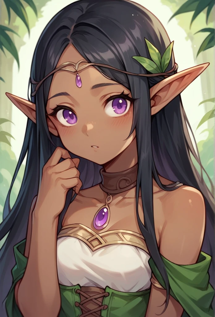 (8k ultra HD quality, best quality, 1 woman, alone, dark-skinned woman, elf, long black hair, beautiful face, flushed cheeks, beautiful woman, beautiful face, perfect eyes, beautiful eyes, lip gloss, beautiful lips, detailed , detailed eyes , detailed face , artwork , big breasts , sexy , elf costume ,elf queen of the magical forest,  portrait , magical nature , flowers , parted lips , dark eyes , looking at viewer , enchanted forest background , huge breasts , small sample , sexy , holding breasts, wallpaper, elf goddess