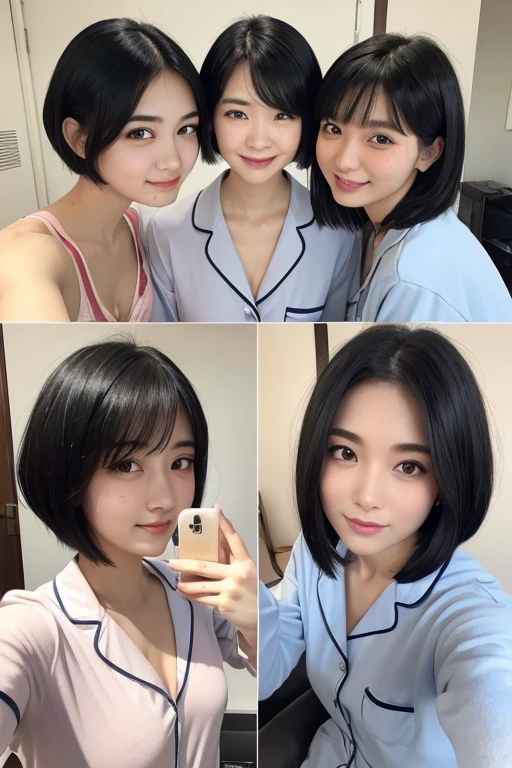 Three smiling girls, Blowing in the wind for a long time [Blue-black:.3] hair,View your audience, (masterpiece:1.3), (8K, Realistic, RAW Photos, Highest quality: 1.4), Japanese, (One Girl), Beautiful Face, (Realistic Face), (black hair, short hair:1.3), beautiful hairstyle, Realistic eyes, Beautiful details, (Realistic Skin), Beautiful Skin, charm, Ultra-high resolution, Ultra-realistic, Very detailed, Apartment, pajamas, Shooting with a smartphone、Nipples、Selfie