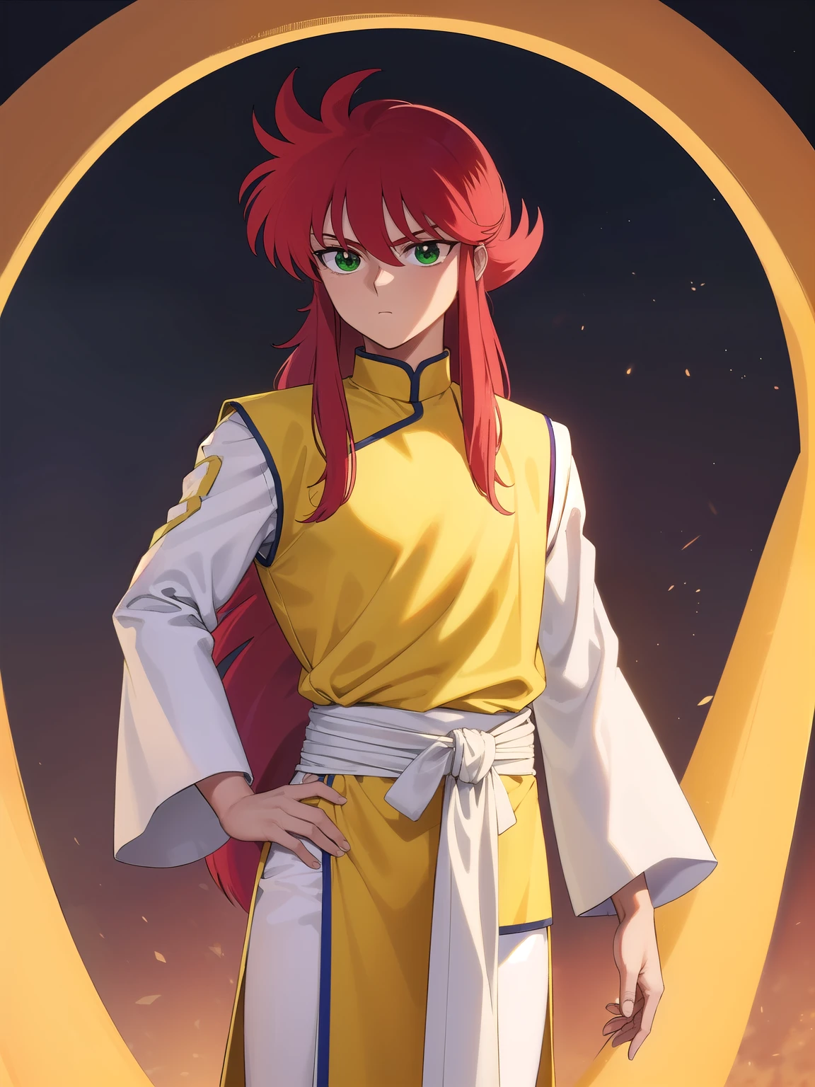 kurama, kurama, long hair, red hair, bangs, (green eyes:1.5), (retro artstyle:1.5), 1990s \(style\),
BREAK long sleeves, pants, chinese clothes, white pants, (yellow shirt:1.5), (white sleeves:1.5), (pelvic curtain:1.2), sash, sleeveless shirt, (((dark sky back ground)))
BREAK looking at viewer, cowboy shot,
BREAK (masterpiece:1.2), best quality, high resolution, unity 8k wallpaper, (illustration:0.8), (beautiful detailed eyes:1.6), extremely detailed face, perfect lighting, extremely detailed CG, (perfect hands, perfect anatomy),