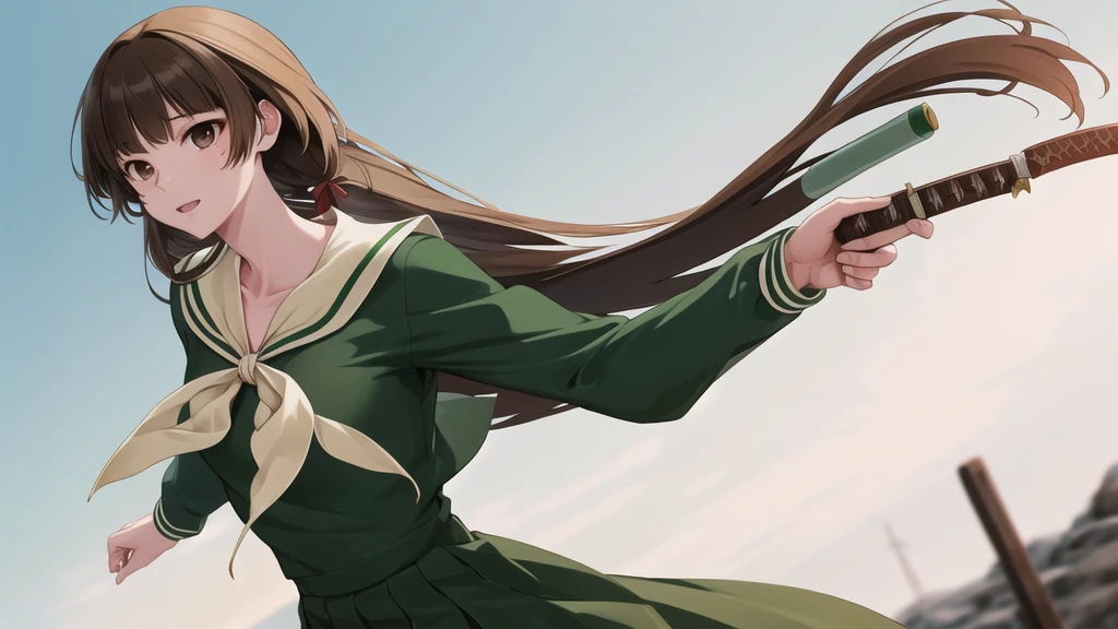 masterpiece, Highest quality, High resolution, aayoshino, Long Hair, Twin Blade, Brown eyes, Hair that falls over the shoulders, , Sailor collar, neckerchief, Green Shirt, One piece sailor shirt, Long sleeve, Green Skirt, Long skirt, Are standing, Cowboy Shot, Outdoor,
