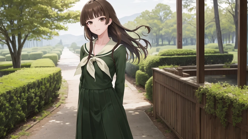 masterpiece, Highest quality, High resolution, aayoshino, Long Hair, Twin Blade, Brown eyes, Hair that falls over the shoulders, , Sailor collar, neckerchief, Green Shirt, One piece sailor shirt, Long sleeve, Green Skirt, Long skirt, Are standing, Cowboy Shot, Outdoor,