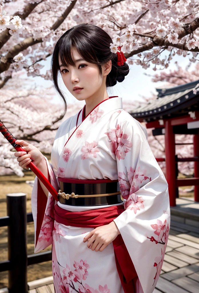 Ultra-realistic full body beautiful Japanese woman, Female samurai in kimono, in combat, holding a katana. Cherry blossom tunnel, swirling cherry blossom petals in a circular pattern.