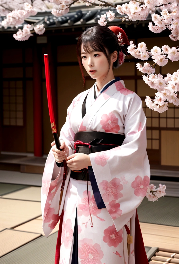 Ultra-realistic full body beautiful Japanese woman, Female samurai in kimono, in combat, holding a katana. Cherry blossom tunnel, swirling cherry blossom petals in a circular pattern.