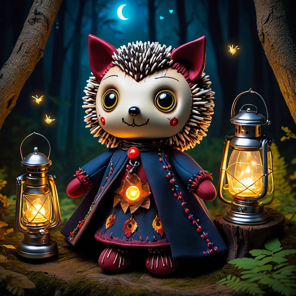 (knitted toy voodoo doll:1.8), (Voodoo Hedgehog:1.2), (Night Sentinel:1.3), (Clothing: starry cloak with moon patterns:1.0), (Accessories: enchanted lantern emitting soft glow, levitating fireflies:1.1), (background: quiet forest at night with floating fireflies, glowing mushrooms, and spectral owls:1.2), best quality, masterpiece, detailed soft oil painting, detailed background, dramatic cinematic lighting, soft edge lighting, professional, dramatic lighting, hard edge lighting, ultra quality, 4k,masterpiece, best quality, 8k, ultra highres, highres, extremely detailed