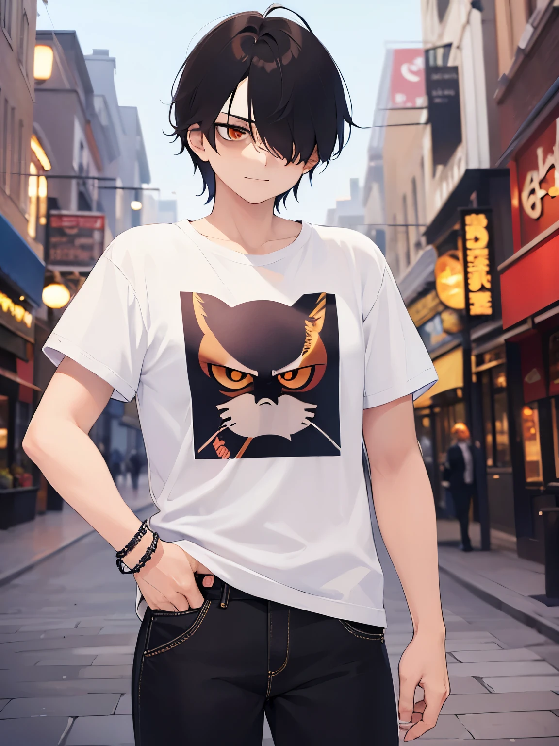 upper body,masterpiece,Highest quality,BREAK(25-year-old male:1.5)and(Brown short hair)and(Orange eyes)and(jitome)and(hair over one eye)BREAK,(White T-shirt:1.3),Are standing,The background is a late-night shopping street,(scowl, angry:1.5),(evil smile:1.3)and(hair over one eyes),(Biologically correct５Finger),dynamic pose,side angle,(looking away:1.5),alone