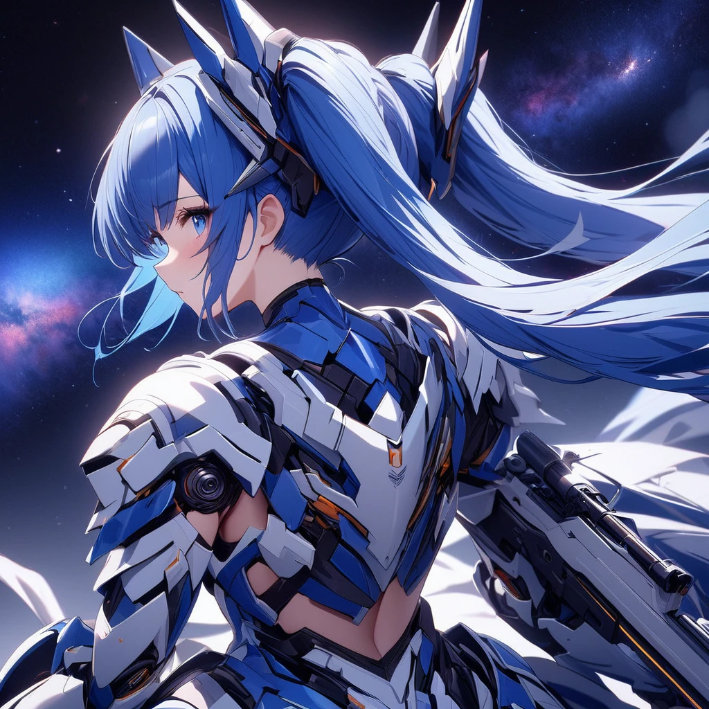 High quality, high definition, hig
h precision images,8k 1 Girl Robot Girl、Blue hair,Twin tails,blue eyes、Space background, galaxy stars、
,Blue and white clothing,He's wearing flashy robot armor、He has a long range beam rifle.flight attitude,Beautiful white and blue effects flow from the back