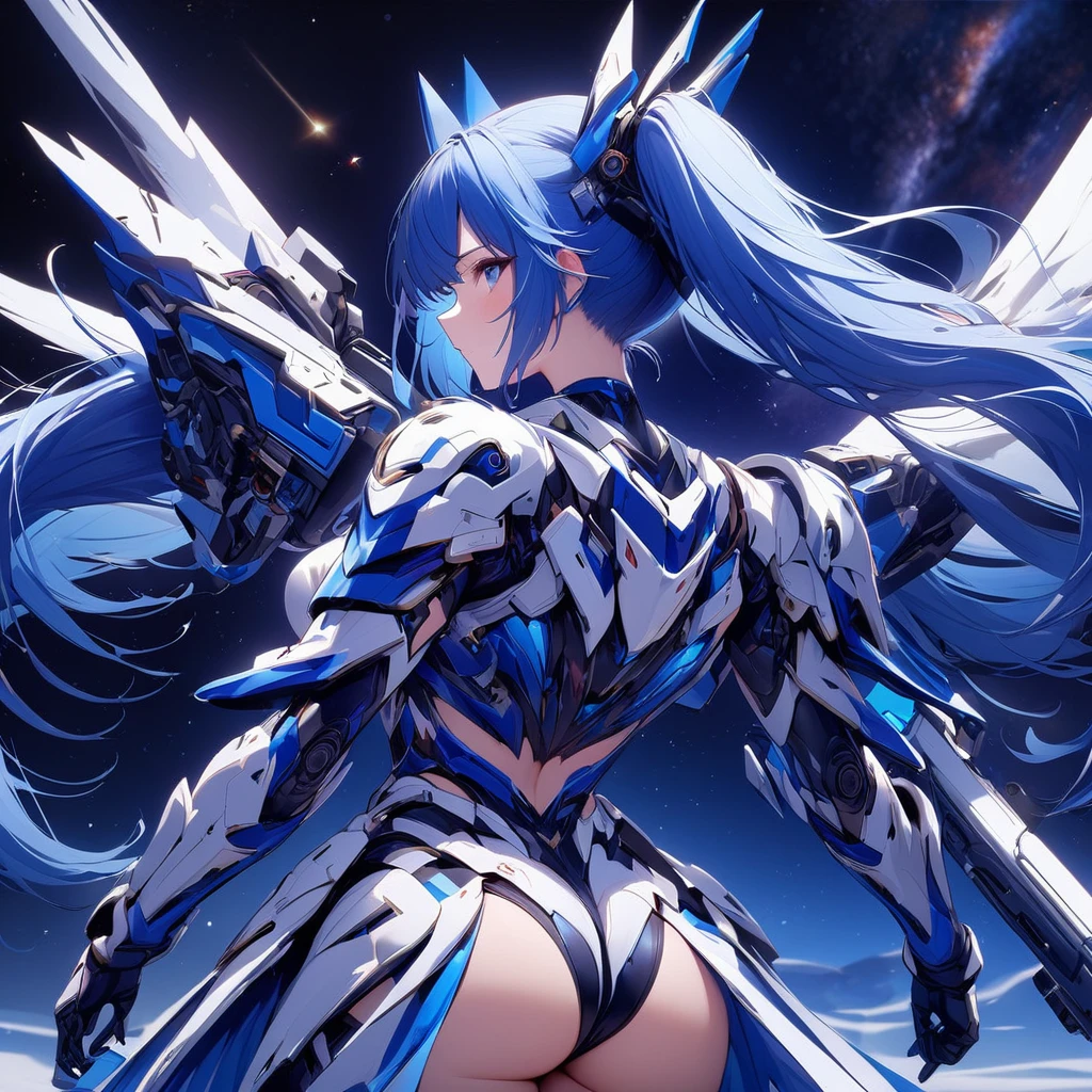 High quality, high definition, hig
h precision images,8k 1 Girl Robot Girl、Blue hair,Twin tails,blue eyes、Space background, galaxy stars、
,Blue and white clothing,He's wearing flashy robot armor、He has a long range beam rifle.flight attitude,Beautiful white and blue effects flow from the back