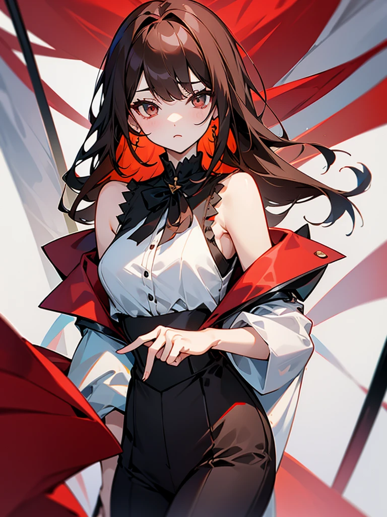 Slender beautiful girl、10th Generation、sleeveless Black blouse、Office、OL、off shoulder、White LINE Design、pants style、red brown heir