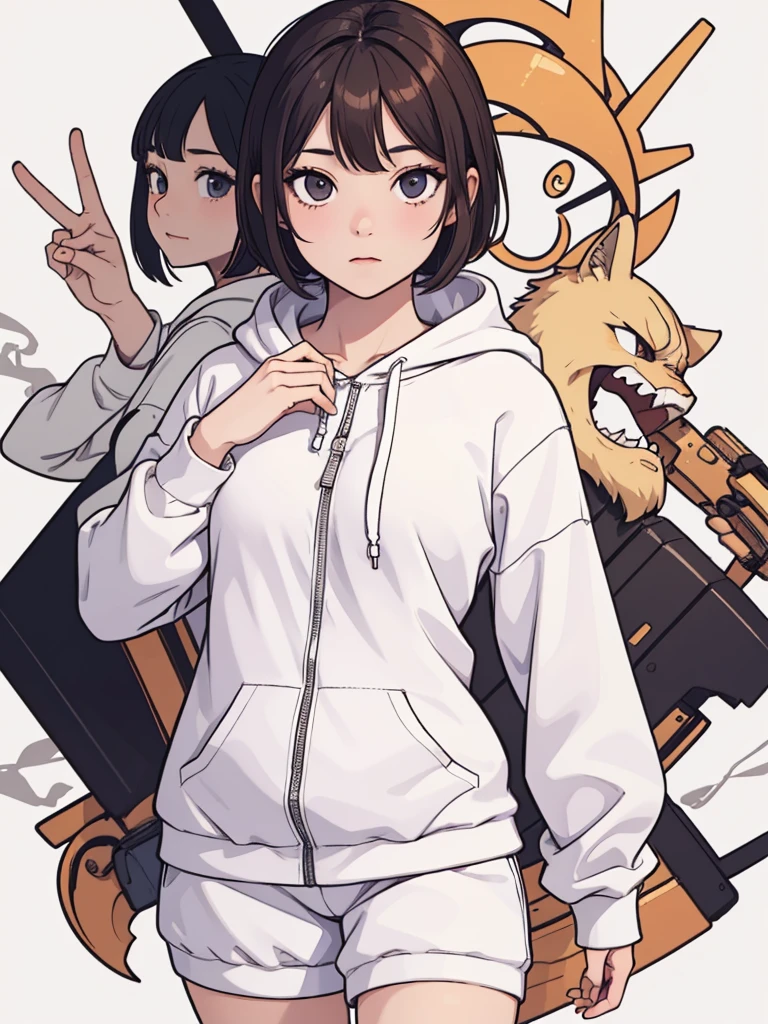 (((masterpiece, best quality, ultra highres, 1 girl, solo, no background))), super detailed skin and face and eyes and finger, beautiful japanese woman, small breasts:1.5, skinny, light brown hair, white background, very short pixie hair, (an illustration of girl), Knee shot, Generate with illustrations, Various expressions, Various poses, Please draw the entire character within the frame, ensuring that the head, arms, and legs are not cut off. The background should be simple, with the character positioned centrally, outline, anime, hoodie,