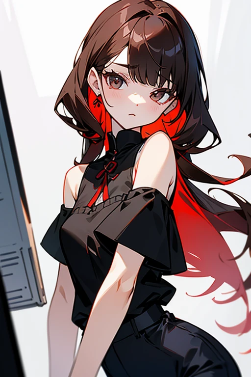 Slender beautiful girl、10th Generation、sleeveless Black blouse、Office、OL、off shoulder、White LINE Design、pants style、red brown heir