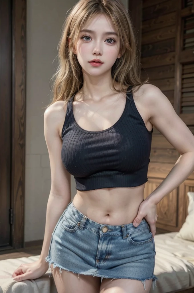 RAW photo, (photo-realistic), masterpiece, Hyper Real, beautiful girl, idol face, beautiful detailed Hazel eyes, Blonde Curly Hair, Slim fit body, large breasts, Tank Top, Denim Mini Skirt, Narrow waist, Rosy lips, Iris,