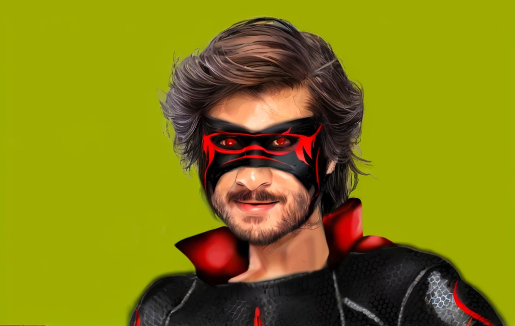 man, big hairs, mask on face, black suit, red eyes, red collar 