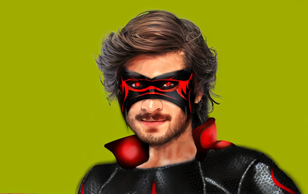 man, big hairs, mask on face, black suit, red eyes, red collar