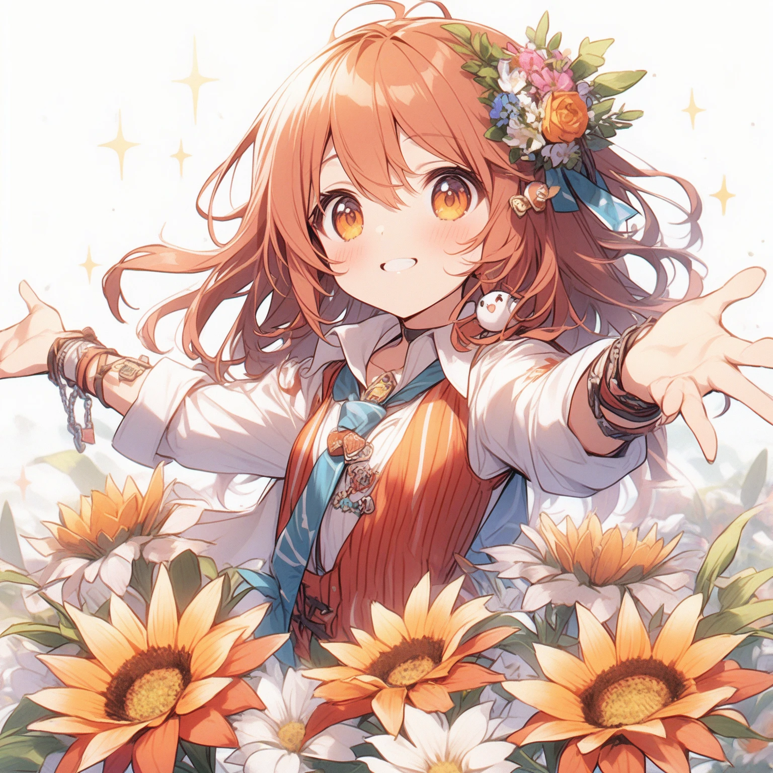 1girl、Gazania rigens、「I'm proud of you」「Dazzling」「White」、Surrounded by Gazania flowers、Cover yourself in jewelry、Show your arms outstretched、tegaki