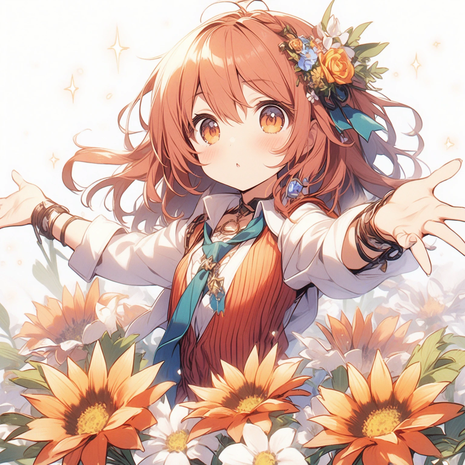 1girl、Gazania rigens、「I'm proud of you」「Dazzling」「White」、Surrounded by Gazania flowers、Cover yourself in jewelry、Show your arms outstretched、tegaki